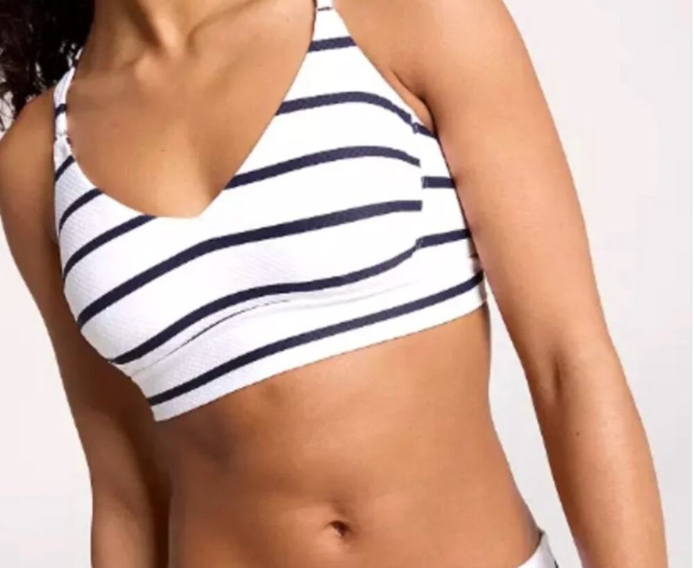 NWT Calia L White Navy Blue Stripe Mesh Strappy Back Ruched Bikini Swim Top